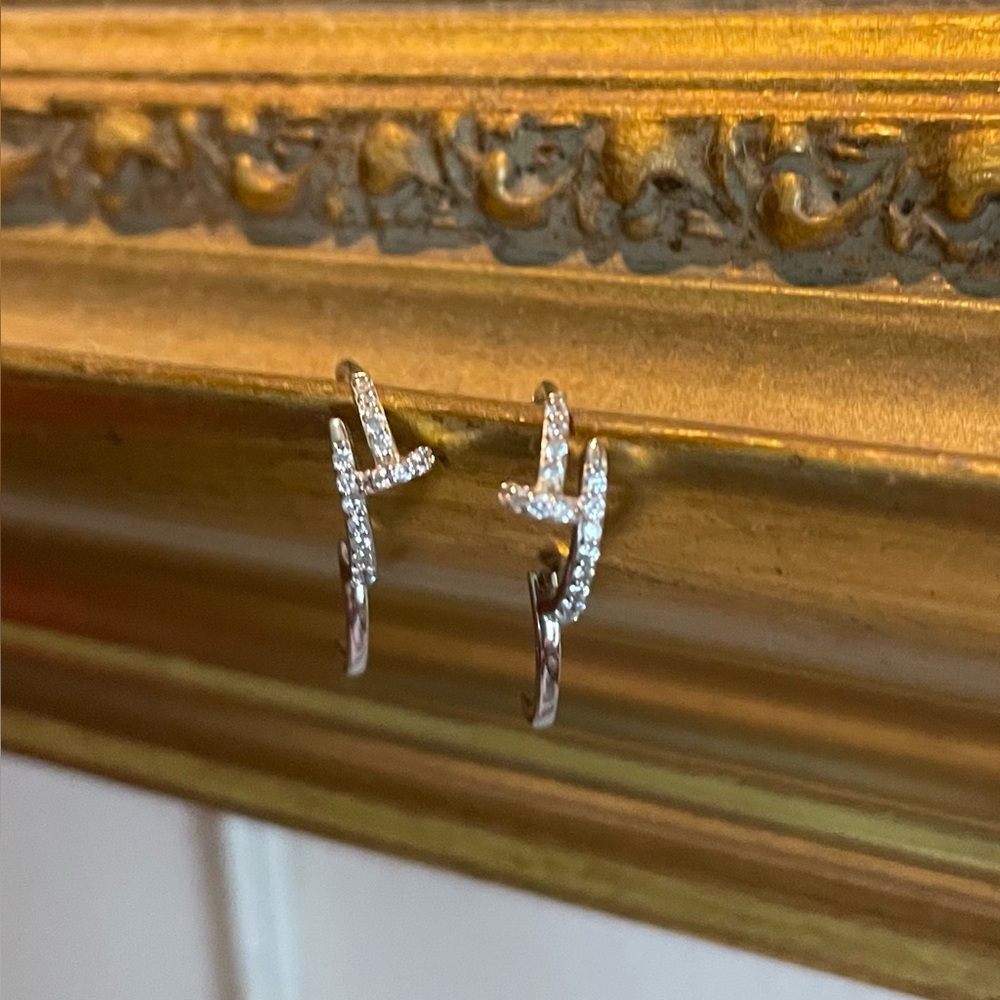 Sterling Silver Pave CZ Nail Hoops Huggies - Picture 3 of 7